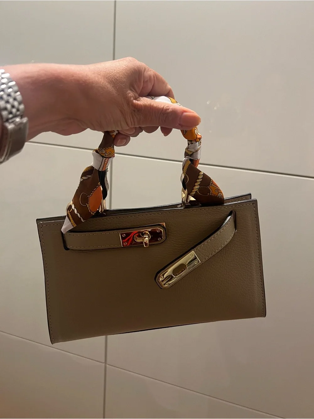 Taupe Top-Handle Women’s Leather Bag with Gold Hardware